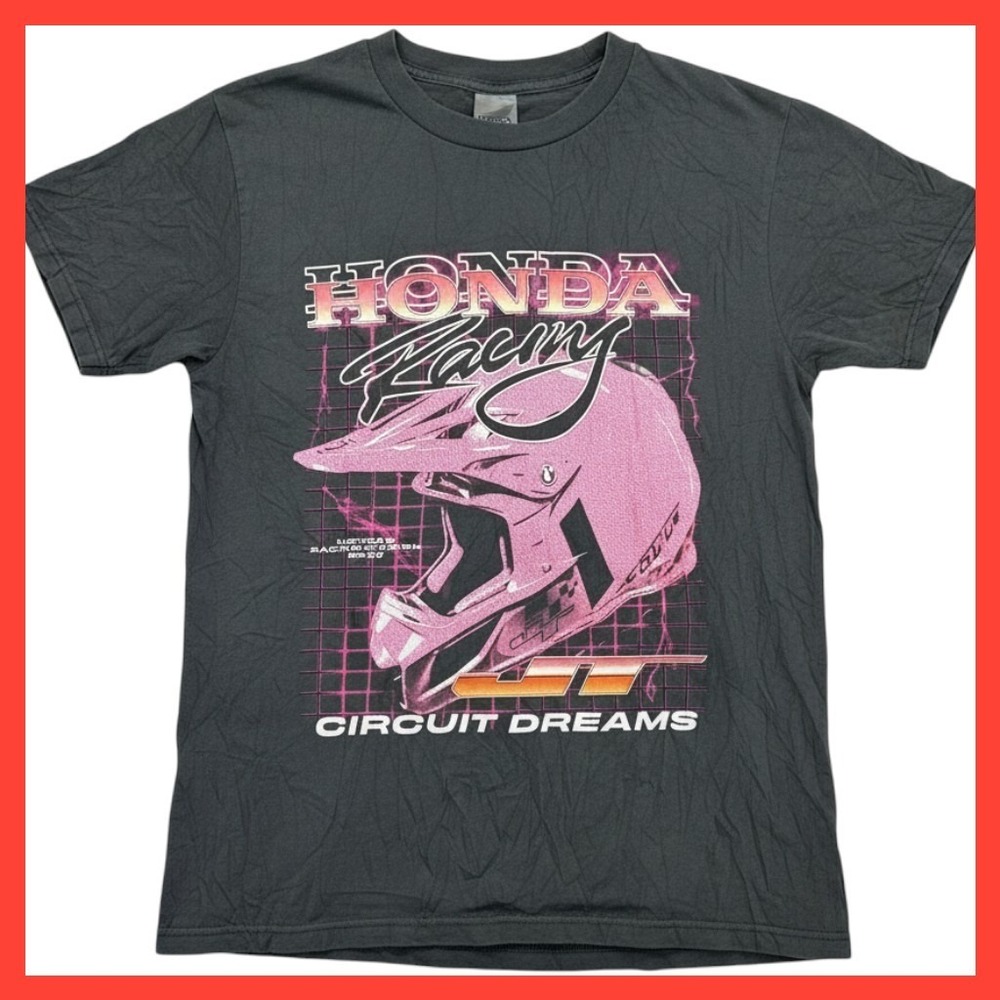 Honda Racing Circuit Dreams Graphic T-Shirt Charcoal Gray Pink Motocross Tee